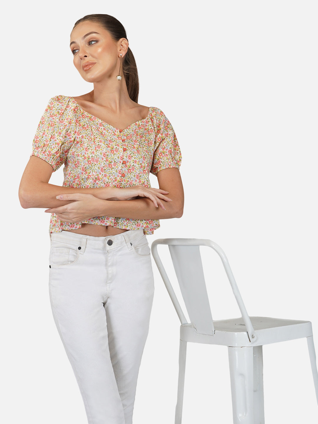 Porsorte Womens Rayon Floral Printed Offwhite Fabric Button Shirt Top