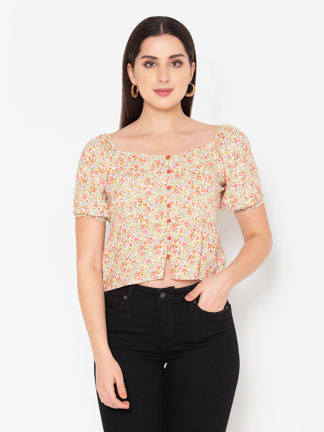 Porsorte Womens Rayon Floral Printed Offwhite Fabric Button Shirt Top