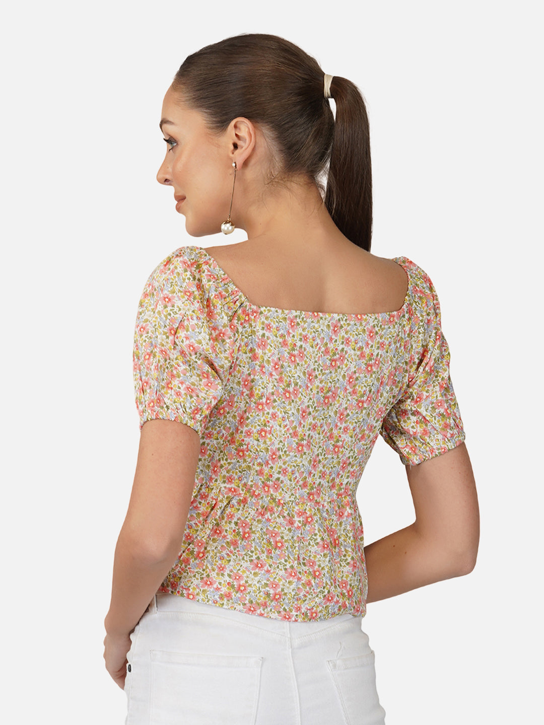 Porsorte Womens Rayon Floral Printed Offwhite Fabric Button Shirt Top