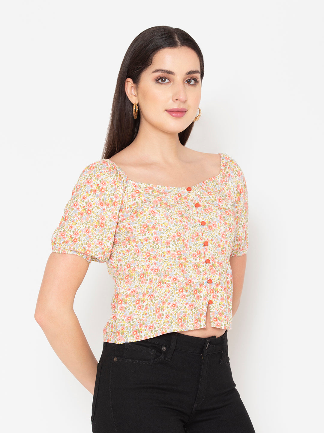 Porsorte Womens Rayon Floral Printed Offwhite Fabric Button Shirt Top