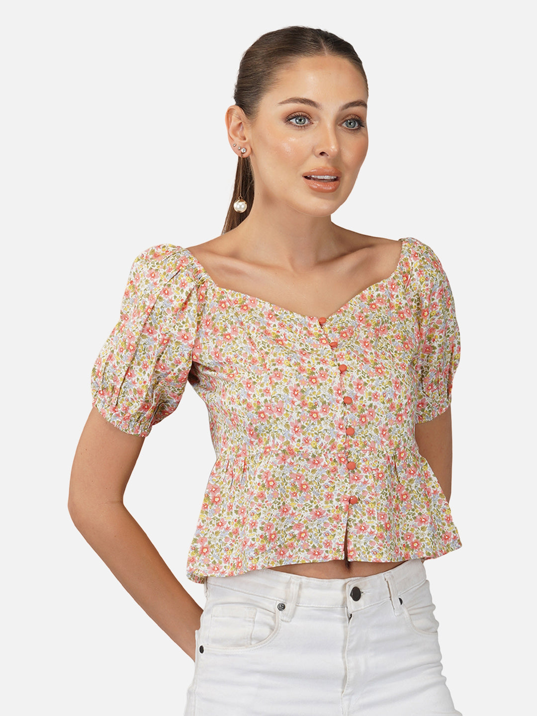 Porsorte Womens Rayon Floral Printed Offwhite Fabric Button Shirt Top