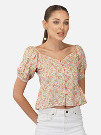 Porsorte Womens Rayon Floral Printed Offwhite Fabric Button Shirt Top