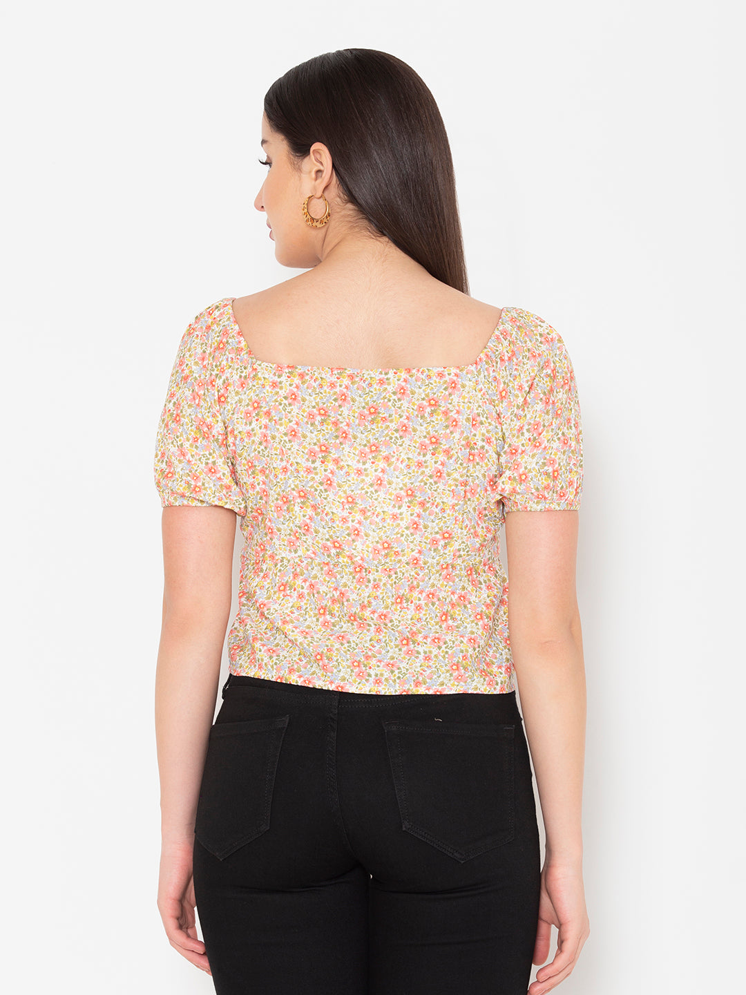 Porsorte Womens Rayon Floral Printed Offwhite Fabric Button Shirt Top