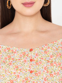 Porsorte Womens Rayon Floral Printed Offwhite Fabric Button Shirt Top