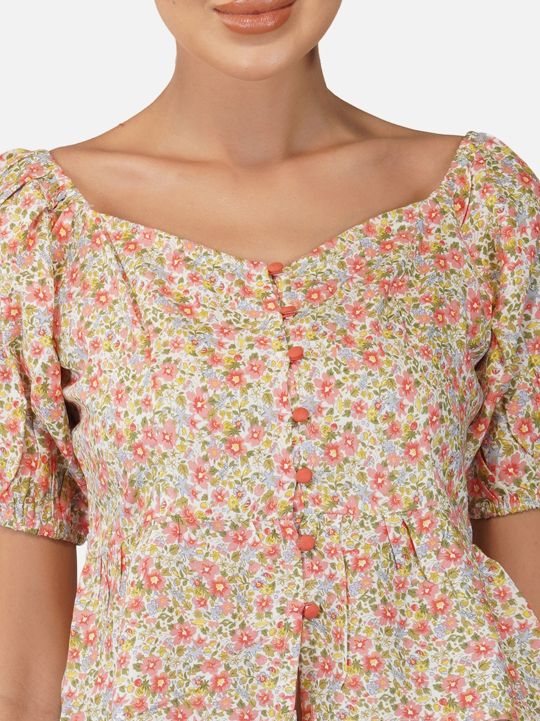 Porsorte Womens Rayon Floral Printed Offwhite Fabric Button Shirt Top