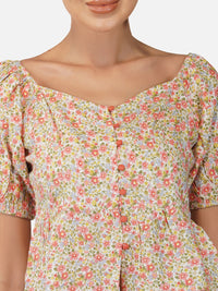 Porsorte Womens Rayon Floral Printed Offwhite Fabric Button Shirt Top
