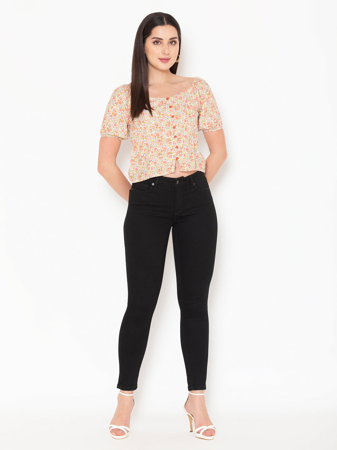 Porsorte Womens Rayon Floral Printed Offwhite Fabric Button Shirt Top