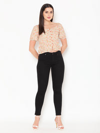 Porsorte Womens Rayon Floral Printed Offwhite Fabric Button Shirt Top