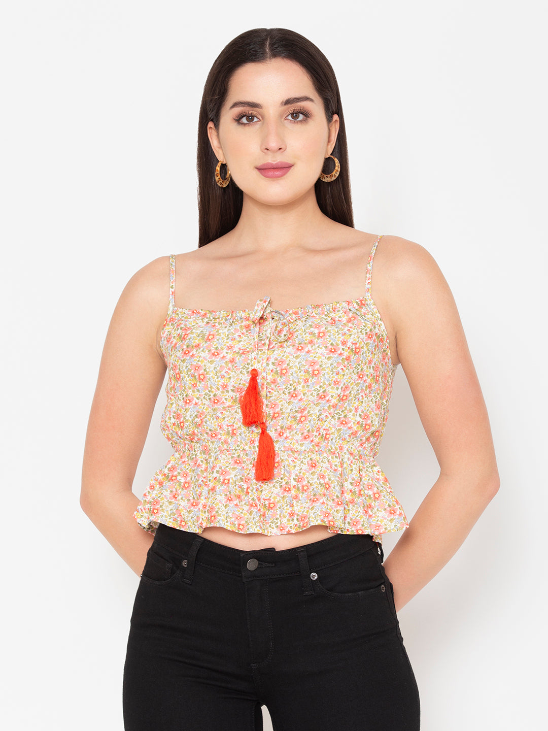 Porsorte Womens Rayon Floral Printed Offwhite Tassel Strappy Sleeveless Top