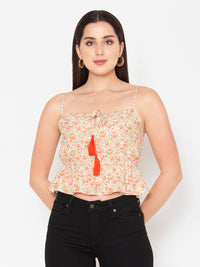 Porsorte Womens Rayon Floral Printed Offwhite Tassel Strappy Sleeveless Top