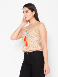 Porsorte Womens Rayon Floral Printed Offwhite Tassel Strappy Sleeveless Top