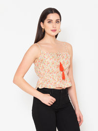 Porsorte Womens Rayon Floral Printed Offwhite Tassel Strappy Sleeveless Top