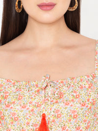 Porsorte Womens Rayon Floral Printed Offwhite Tassel Strappy Sleeveless Top