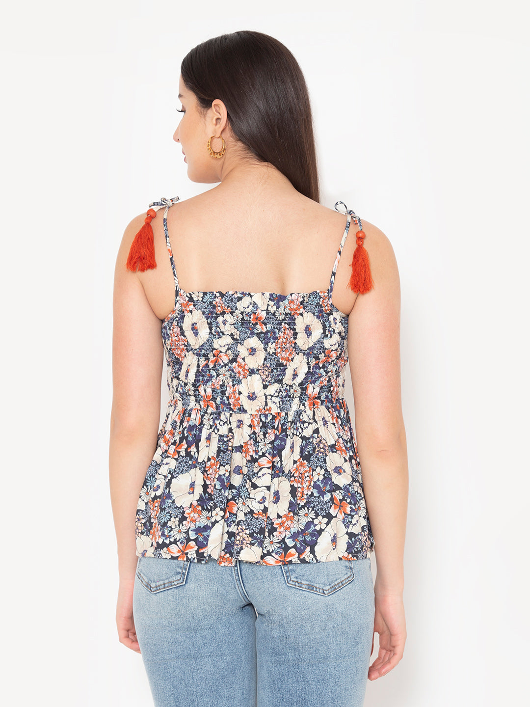 Porsorte Womens Rayong printed Smocked Tussel Strap Top