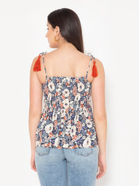 Porsorte Womens Rayong printed Smocked Tussel Strap Top