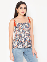 Porsorte Womens Rayong printed Smocked Tussel Strap Top