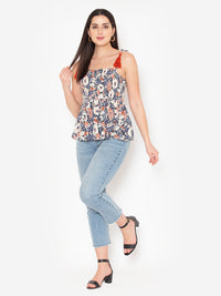 Porsorte Womens Rayong printed Smocked Tussel Strap Top