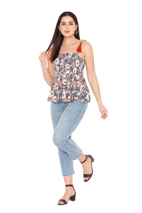 Porsorte Womens Rayong printed Smocked Tussel Strap Top