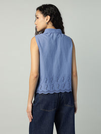 Porsorte Womens Cotton Blue Solid Sciffli Button Down Sleeveless Shirt