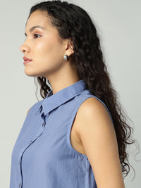 Porsorte Womens Cotton Blue Solid Sciffli Button Down Sleeveless Shirt