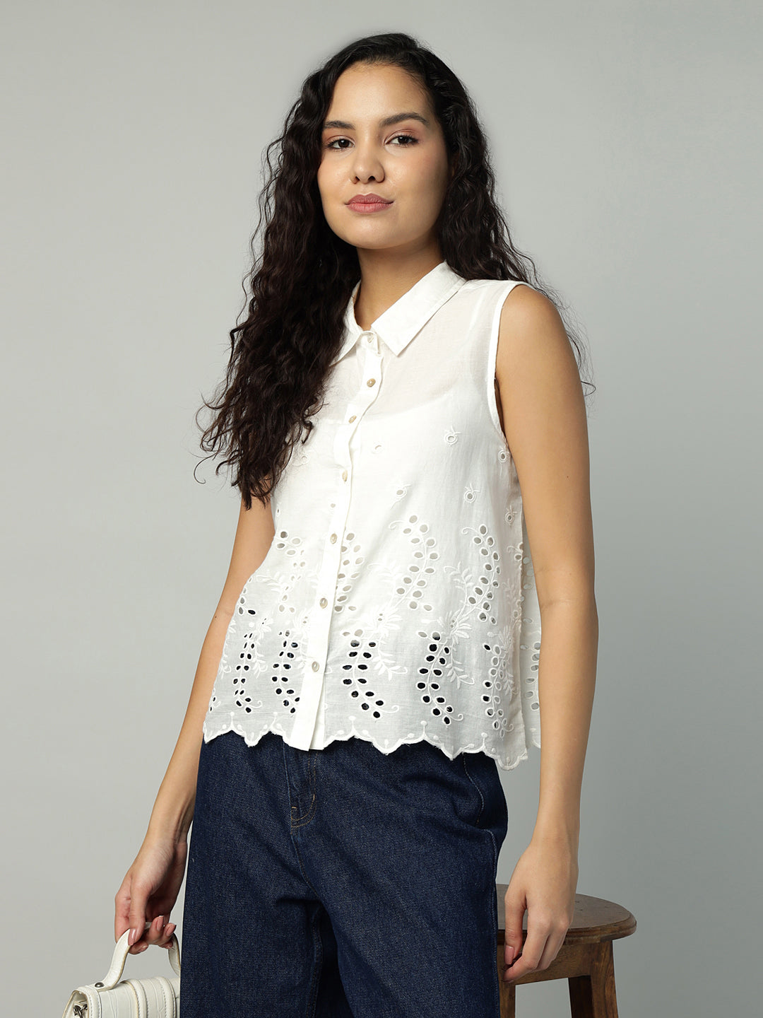 Porsorte Womens Cotton White Solid Sciffli Button Down Sleeveless Shirt