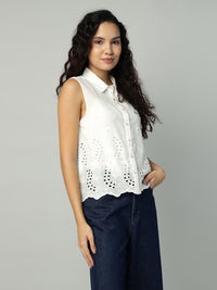 Porsorte Womens Cotton White Solid Sciffli Button Down Sleeveless Shirt