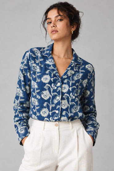 Porsorte Women Blue Floral Printed Cotton Shirt