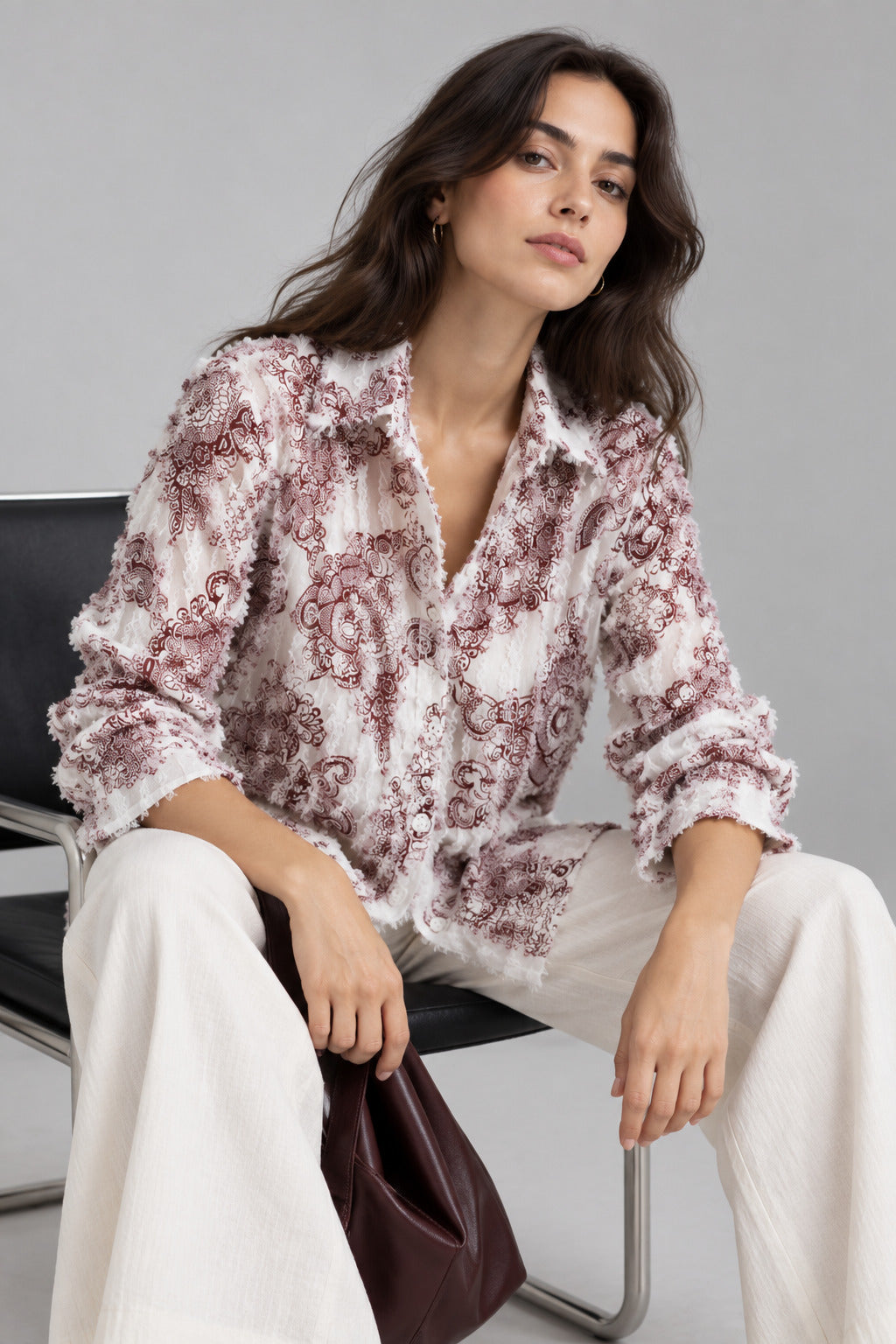 Porsorte Women White and Red Feather Georgette Shirt