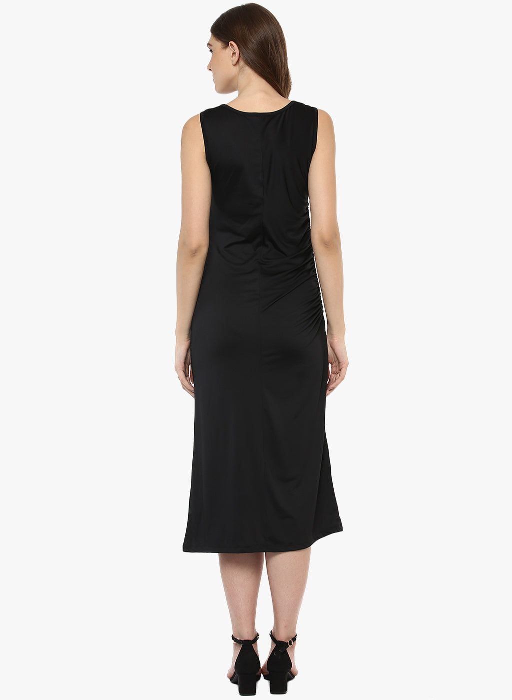 Women Solid Black Sleeveless Lace Detail Midi Dess