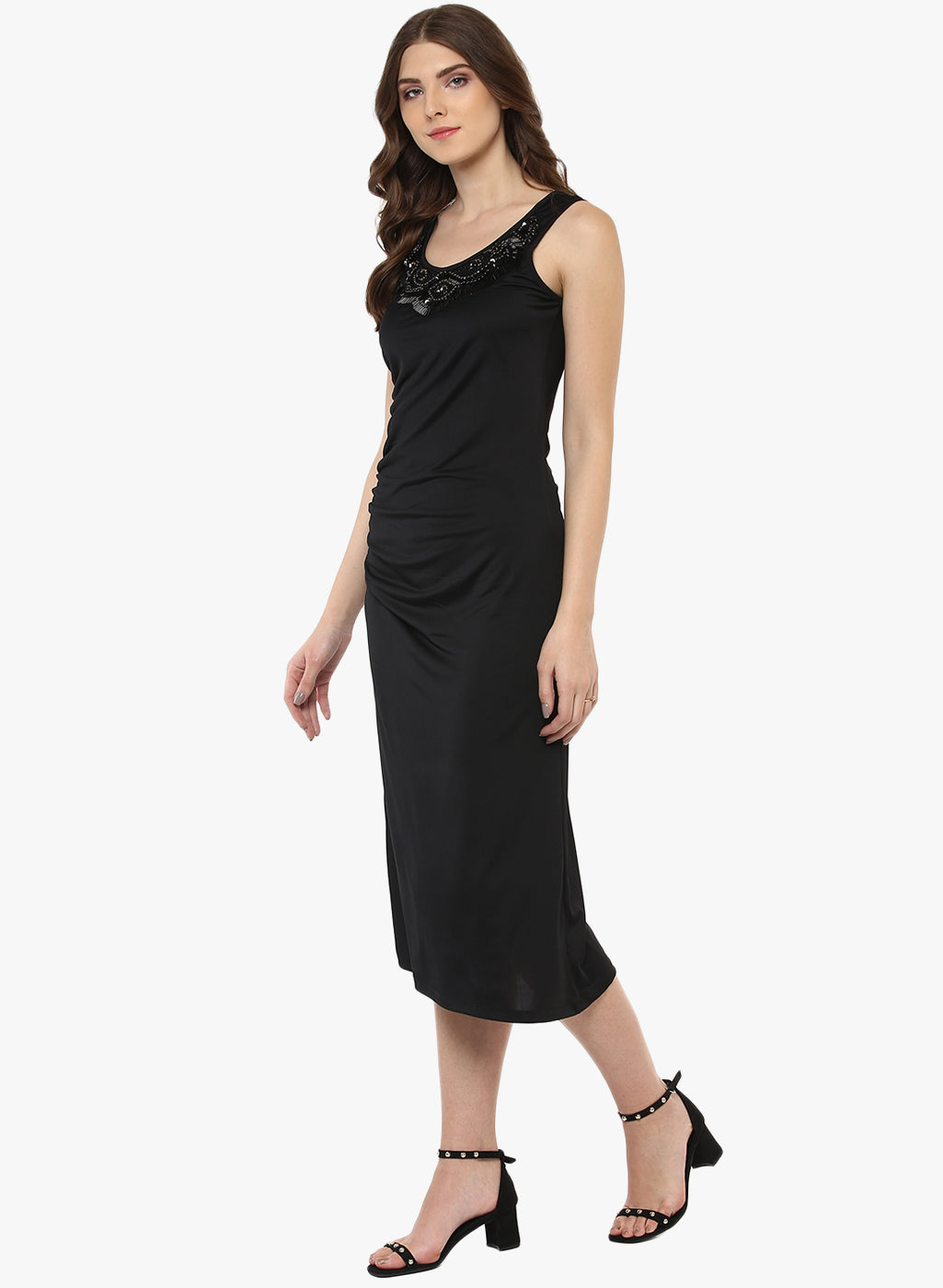 Women Solid Black Sleeveless Lace Detail Midi Dess