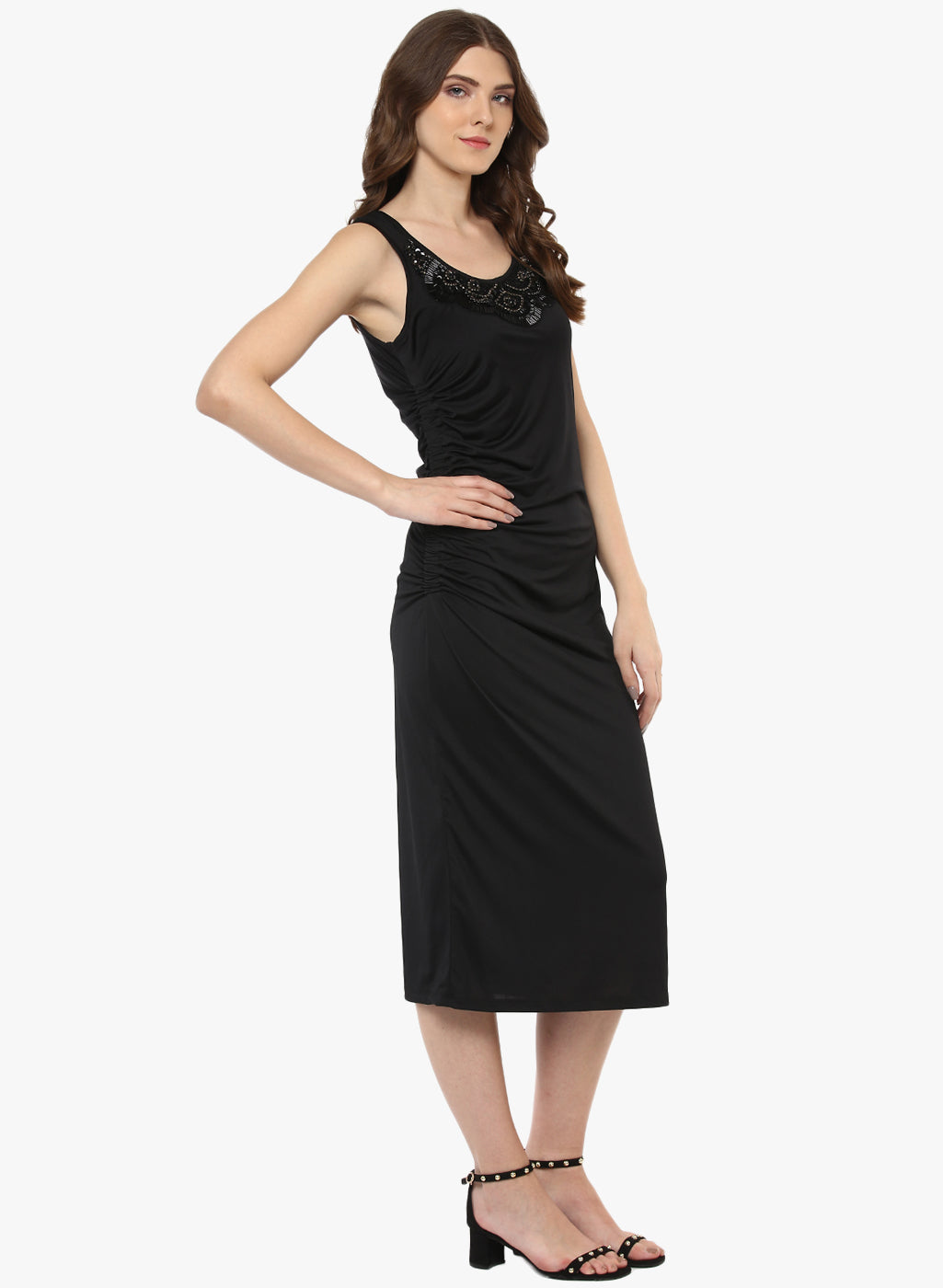 Women Solid Black Sleeveless Lace Detail Midi Dess