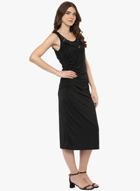 Women Solid Black Sleeveless Lace Detail Midi Dess