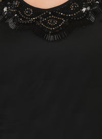 Women Solid Black Sleeveless Lace Detail Midi Dess