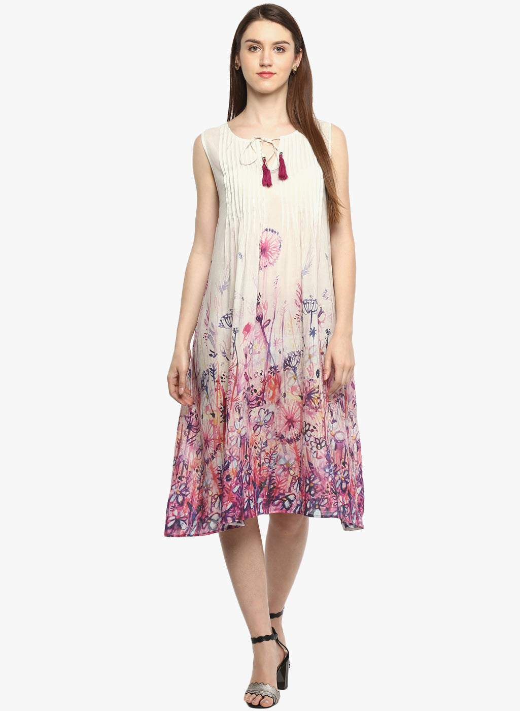 Women's Off White A-Line Midi Dress with Tassel Tie-Up Neck
