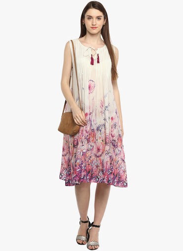 Women's Off White A-Line Midi Dress with Tassel Tie-Up Neck
