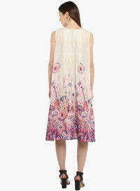 Women's Off White A-Line Midi Dress with Tassel Tie-Up Neck
