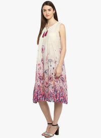Women's Off White A-Line Midi Dress with Tassel Tie-Up Neck