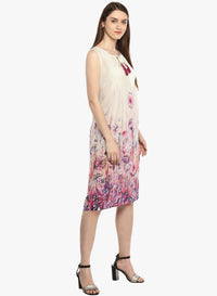 Women's Off White A-Line Midi Dress with Tassel Tie-Up Neck