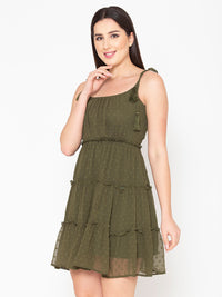 Porsorte Womens Dobby Printed Flared Layered Olive Green Dress
