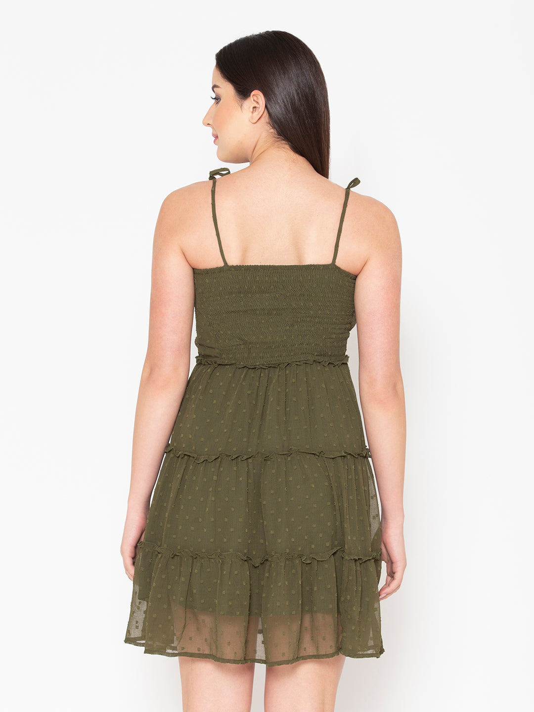 Porsorte Womens Dobby Printed Flared Layered Olive Green Dress