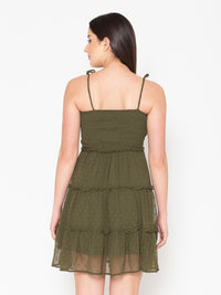Porsorte Womens Dobby Printed Flared Layered Olive Green Dress