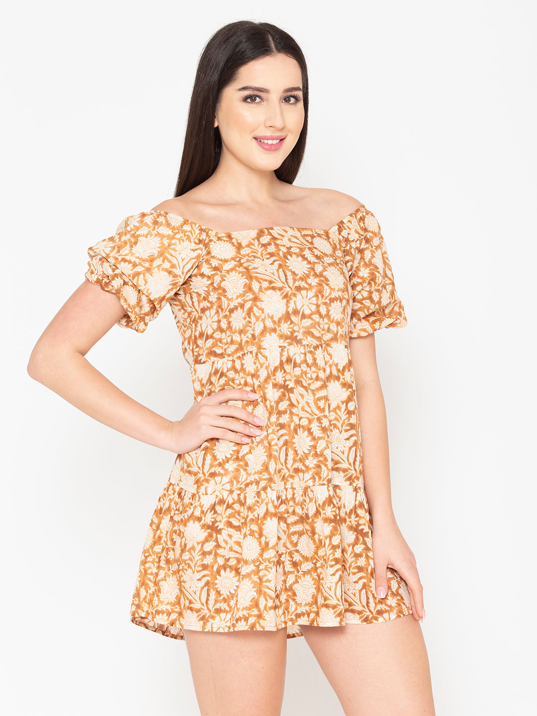 Porsorte Womens Cotton Printed Brown Flared Dress