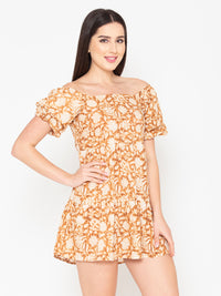 Porsorte Womens Cotton Printed Brown Flared Dress