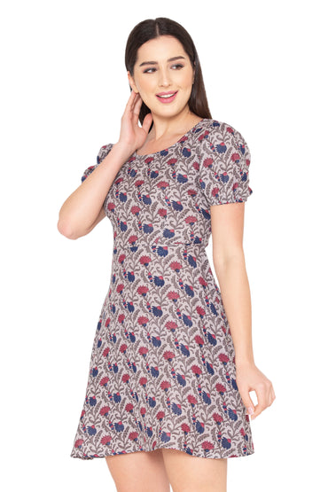 Porsorte Womens Grey Cotton Printed Flared Dress