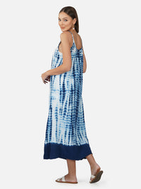 Porsorte Womens Cotton Gauze Blue Tie Dye Casual Strappy Dress