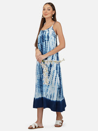 Porsorte Womens Cotton Gauze Blue Tie Dye Casual Strappy Dress