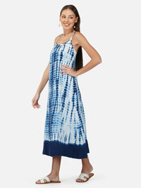 Porsorte Womens Cotton Gauze Blue Tie Dye Casual Strappy Dress