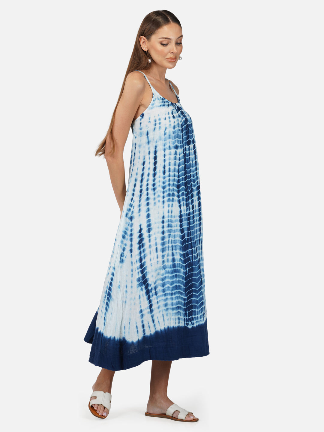 Porsorte Womens Cotton Gauze Blue Tie Dye Casual Strappy Dress