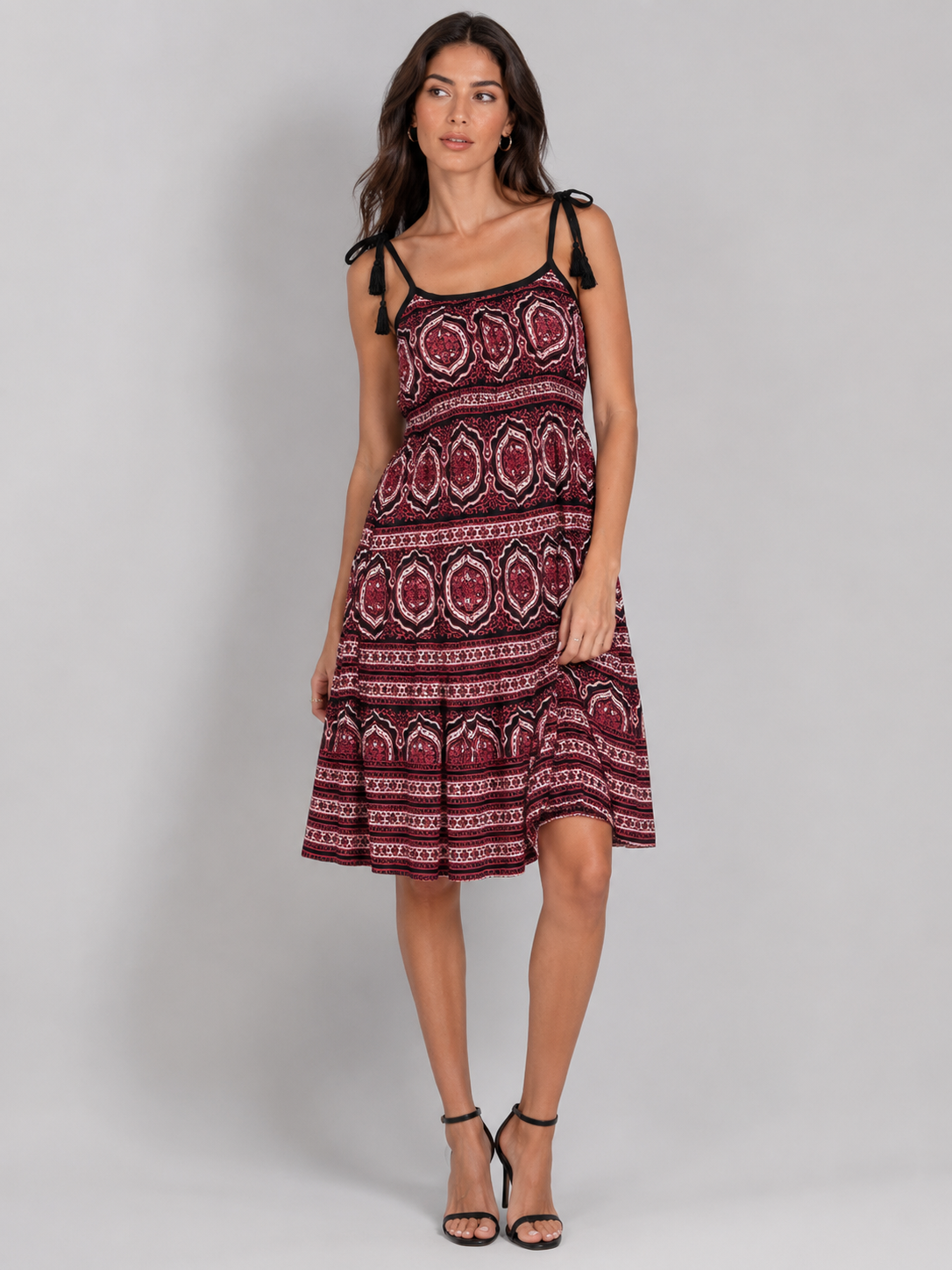 Porsorte Womens Red Rayon Printed Tie Up Strappy Casual Dress
