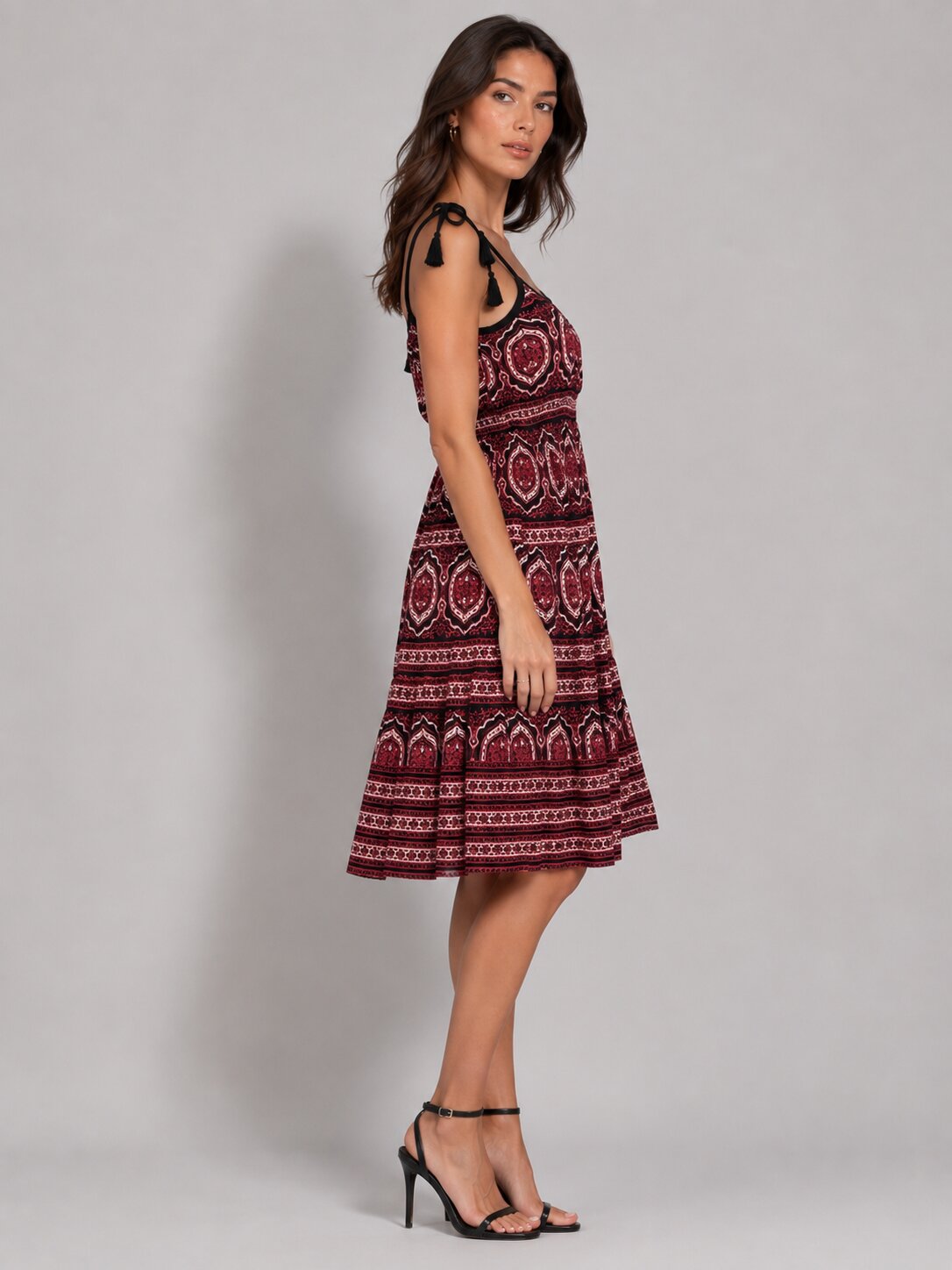 Porsorte Womens Red Rayon Printed Tie Up Strappy Casual Dress